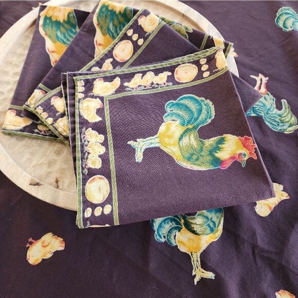April Cornell Farm House Chicken & Rooster Tablecloth Napkins Chocolate Brown - Picture 1 of 16